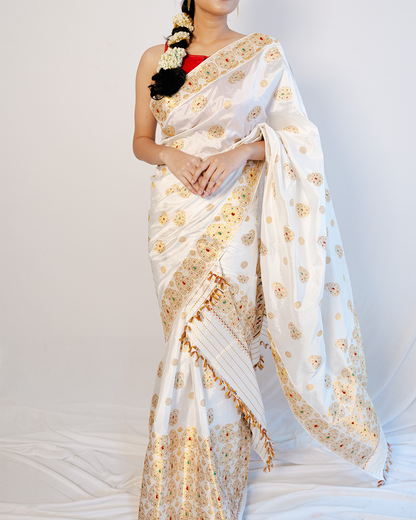 Amaroop Rich White-Gold Paat Silk Wedding Mekhela Sador