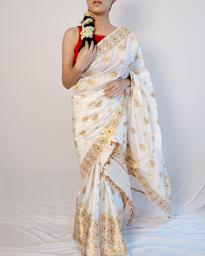 Amaroop Rich White-Gold Paat Silk Wedding Mekhela Sador