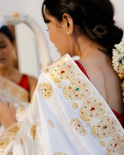 Amaroop Rich White-Gold Paat Silk Wedding Mekhela Sador