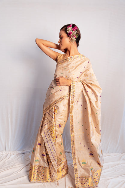 Indrani Light Brown Muga and Paat Silk Mix Mekhela Sador