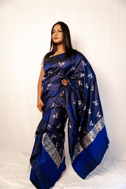 Bhramari Ink Blue-Silver Paat Silk Mekhela Sador
