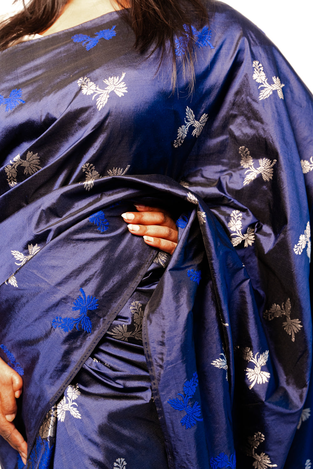 Bhramari Ink Blue-Silver Paat Silk Mekhela Sador