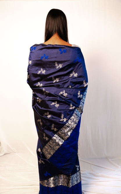 Bhramari Ink Blue-Silver Paat Silk Mekhela Sador