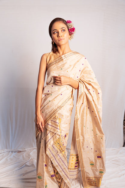 Indrani Light Brown Muga and Paat Silk Mix Mekhela Sador
