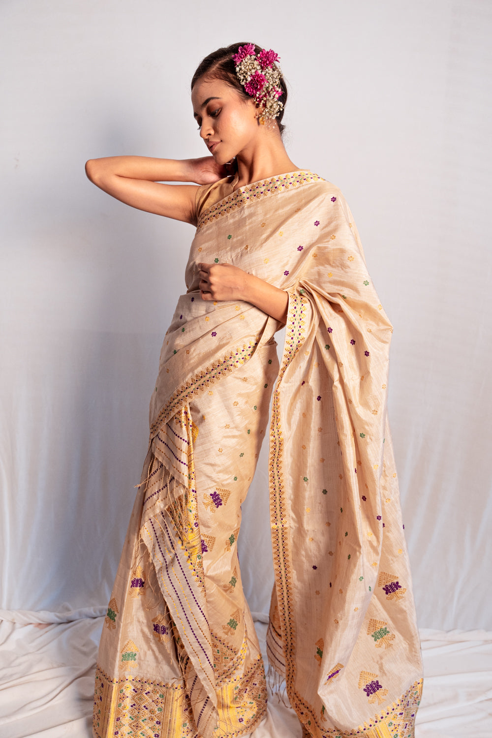 Indrani Light Brown Muga and Paat Silk Mix Mekhela Sador