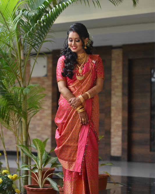 Ankita Reception Glow Pinkish Red-Gold Paat Silk Mekhela Sador