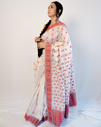 Hera White-Red Kesa Paat Silk Saree