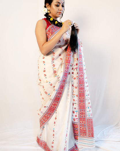 Hera White-Red Kesa Paat Silk Saree