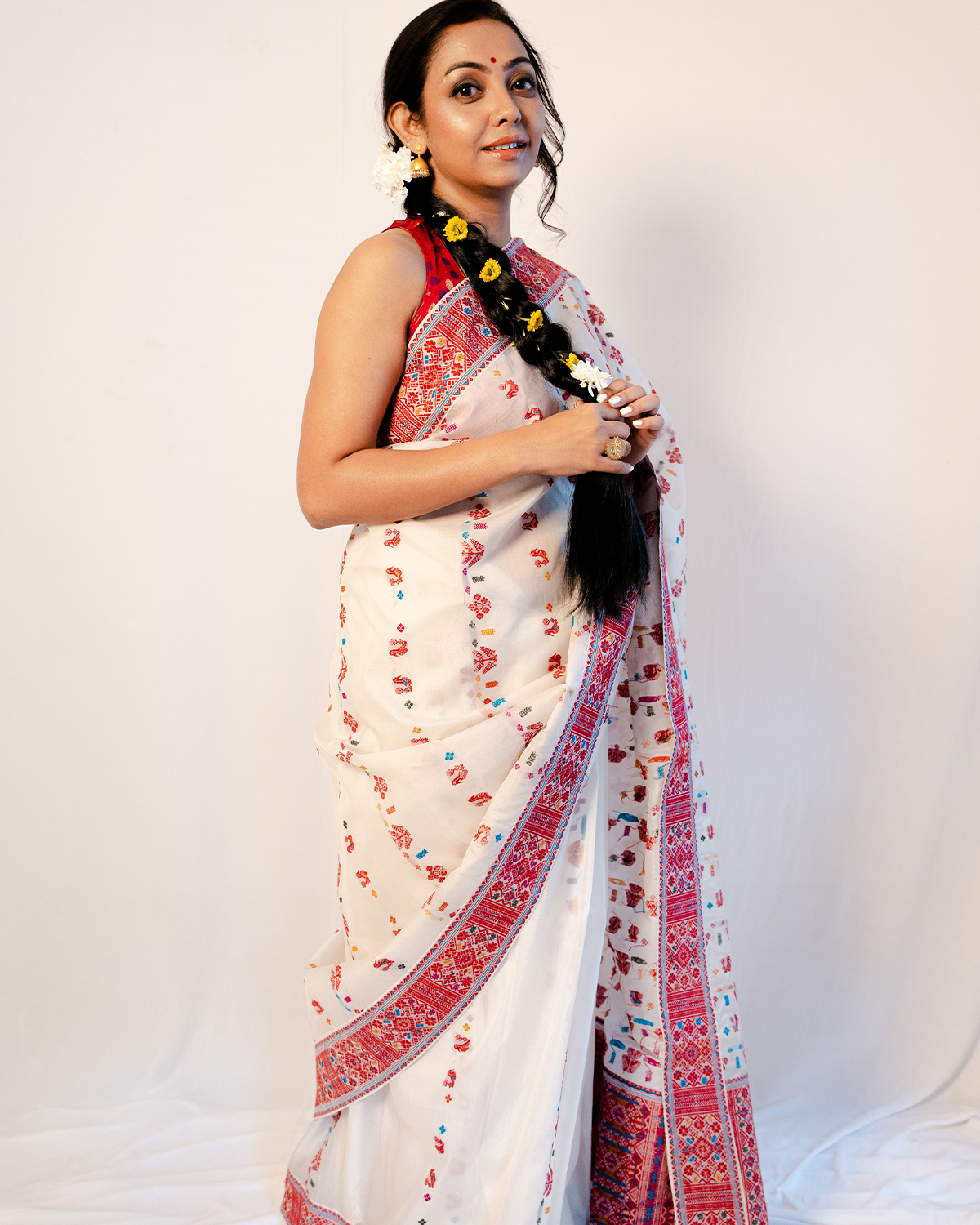 Buy Cream-Red Pure Handloom Assam With Checks Silk Saree-UNM74239 Online at  Unnatisilks.com|UNM74239