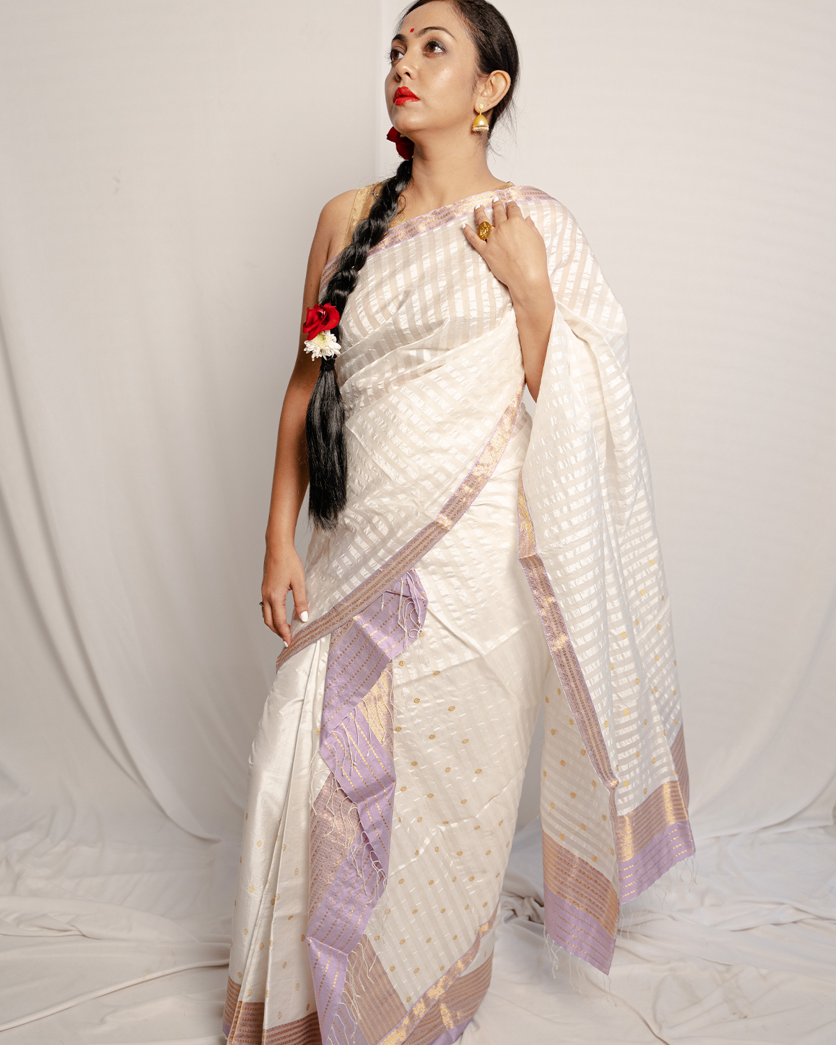 Shashwati White Gold-Purple Kesa Paat and Paat Silk Mix Mekhela Sador
