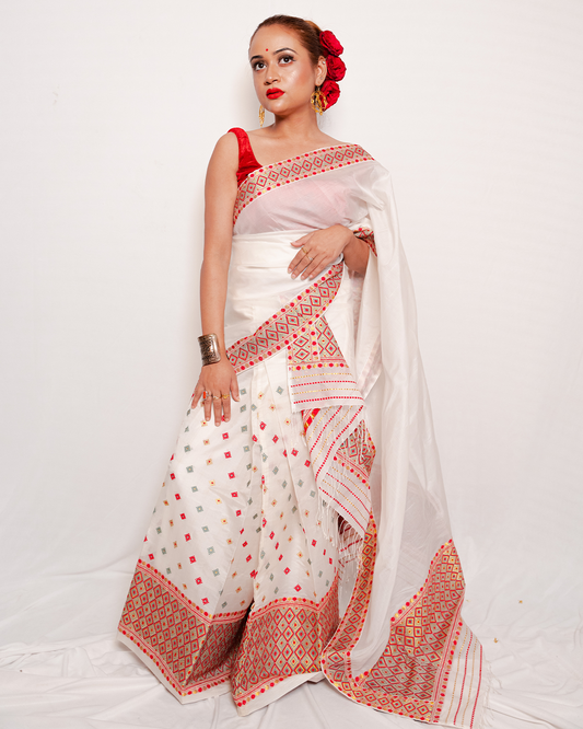 Sumukhi Pure White-Red Kesa Paat Silk Mekhela Sador