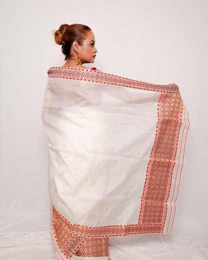 Sumukhi Pure White-Red Kesa Paat Silk Mekhela Sador