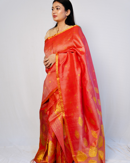 Ziva Red-Gold Kesa Paat Silk Mekhela Sador
