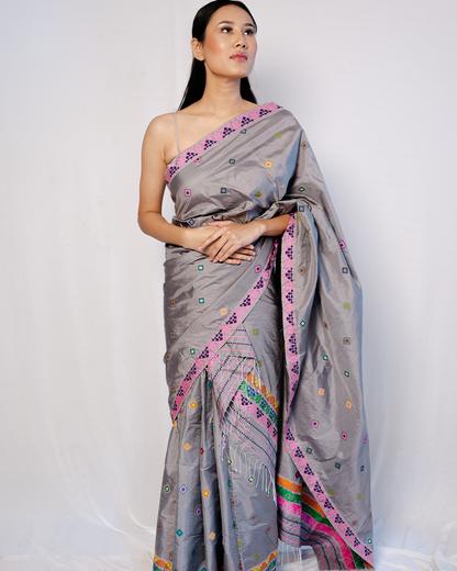 Luna Moon Grey-Multicolored Paat Silk Mekhela Sador