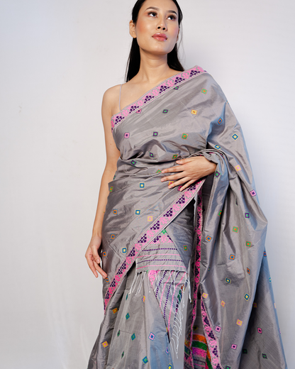 Luna Moon Grey-Multicolored Paat Silk Mekhela Sador