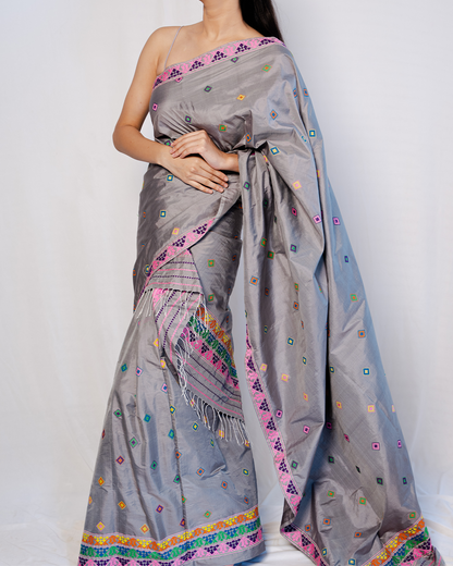 Luna Moon Grey-Multicolored Paat Silk Mekhela Sador