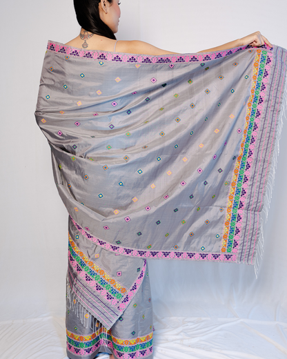 Luna Moon Grey-Multicolored Paat Silk Mekhela Sador