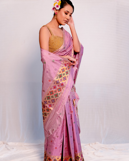 Kimaya Pink-Purple Paat Silk Mekhela Sador