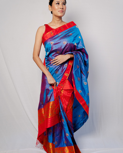 Ira Royal Blue-Red Paat Silk Mekhela Sador