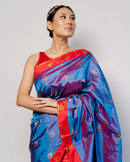 Ira Royal Blue-Red Paat Silk Mekhela Sador