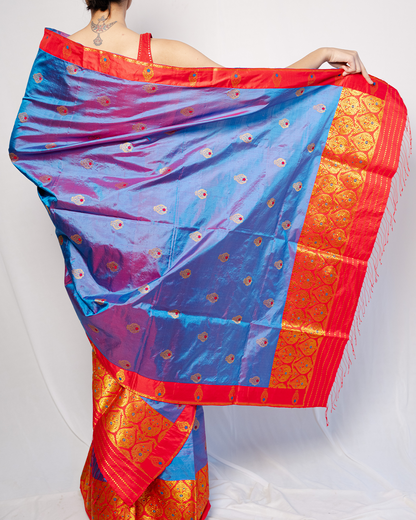 Ira Royal Blue-Red Paat Silk Mekhela Sador