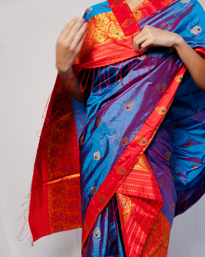 Ira Royal Blue-Red Paat Silk Mekhela Sador