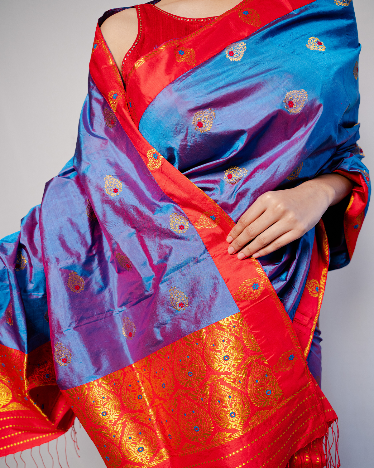 Ira Royal Blue-Red Paat Silk Mekhela Sador
