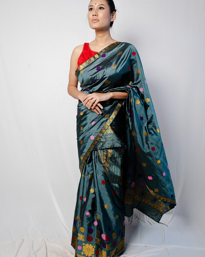 Prakriti Ocean Blue Green-Multicolored Paat Silk Mekhela Sador