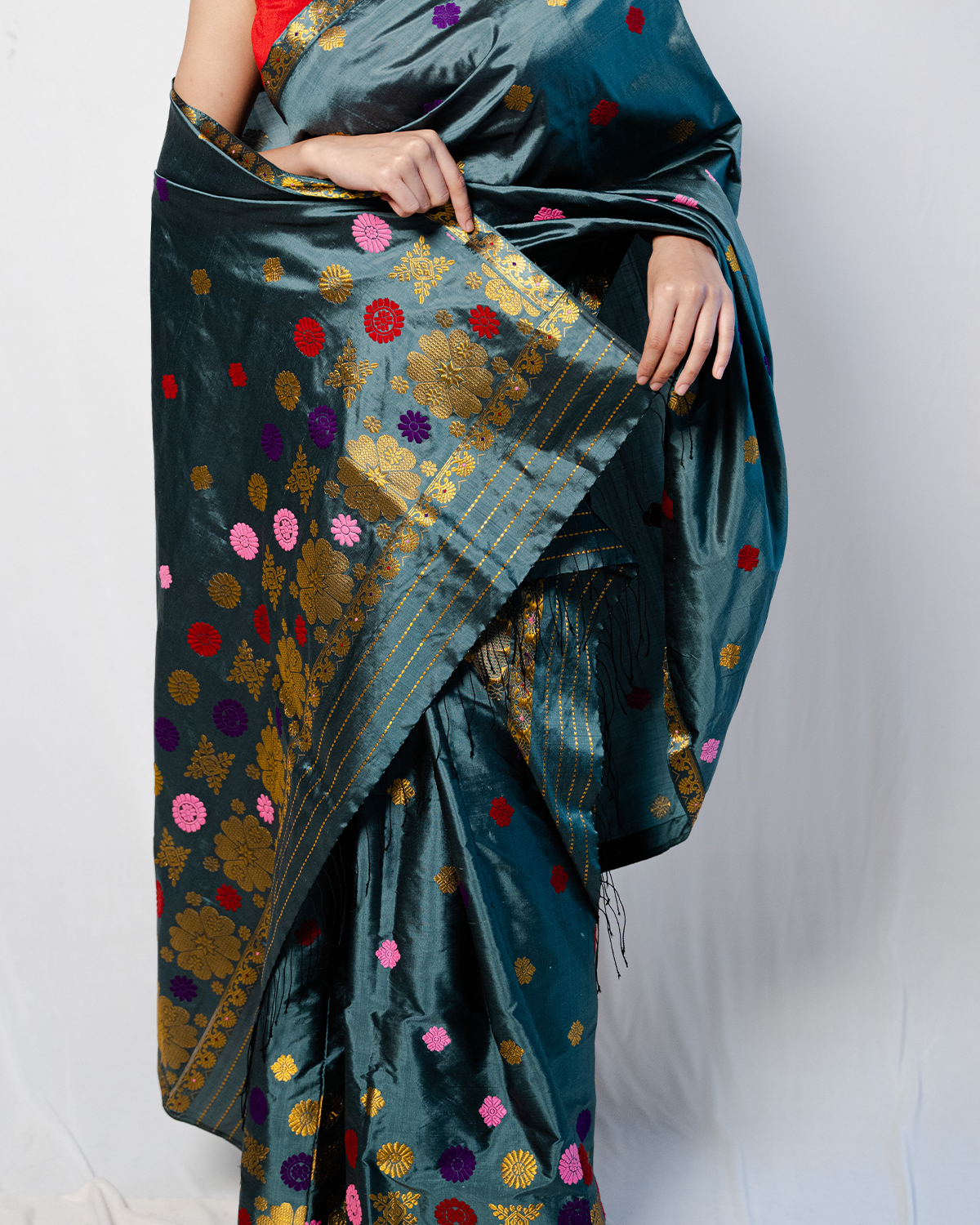 Prakriti Ocean Blue Green-Multicolored Paat Silk Mekhela Sador