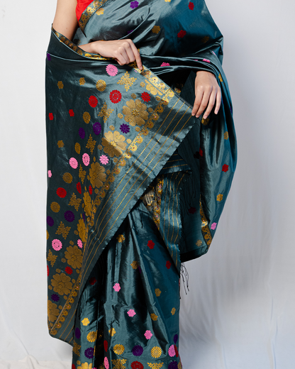 Prakriti Ocean Blue Green-Multicolored Paat Silk Mekhela Sador