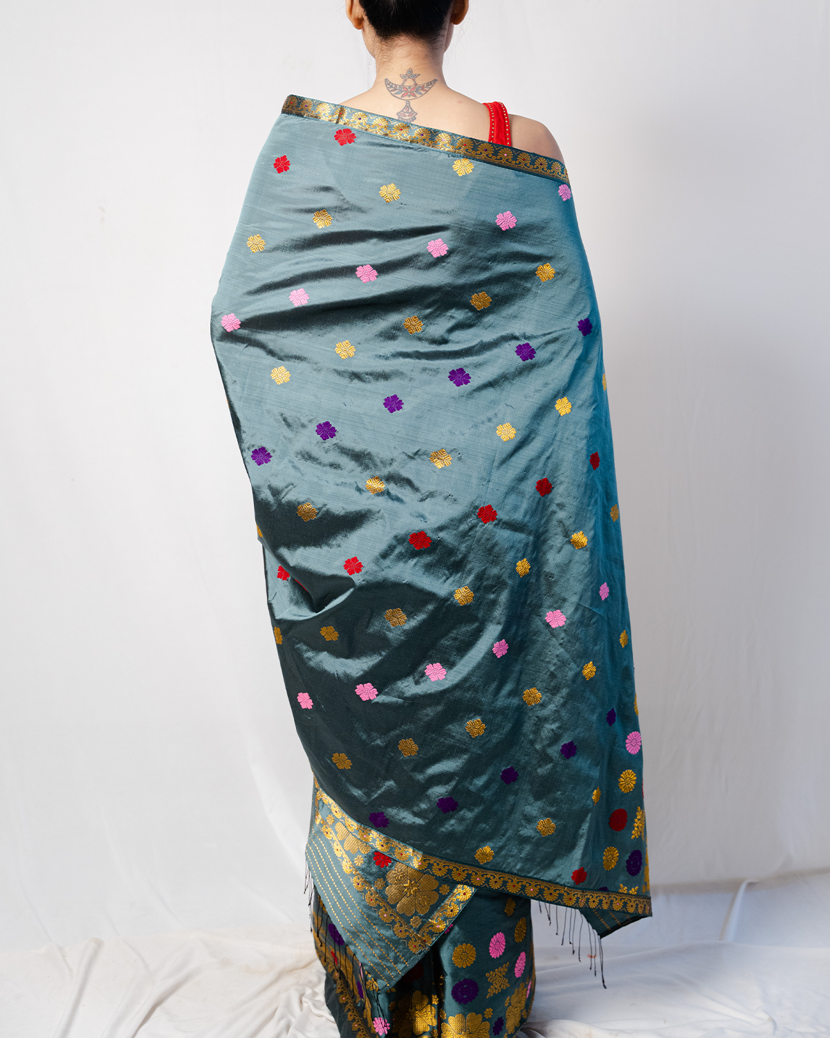 Prakriti Ocean Blue Green-Multicolored Paat Silk Mekhela Sador