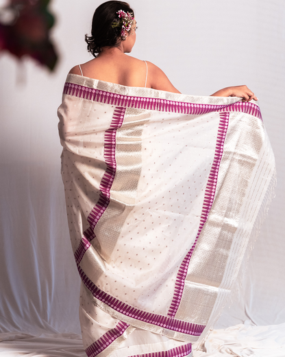 Chandra Silvery White Kesa Paat Silk Saree