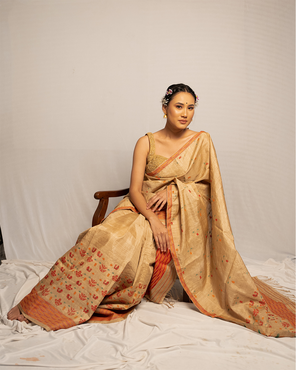 Adhvika Wheat Brown-Maroon Muga Silk Mekhela Sador