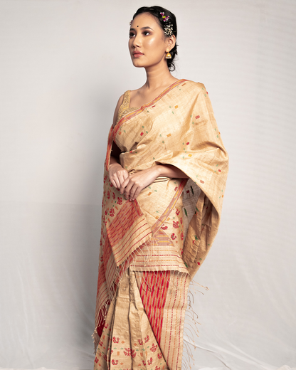 Adhvika Wheat Brown-Maroon Muga Silk Mekhela Sador