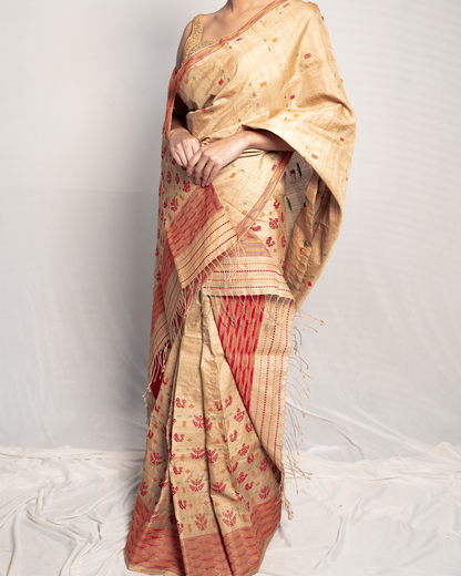 Adhvika Wheat Brown-Maroon Muga Silk Mekhela Sador