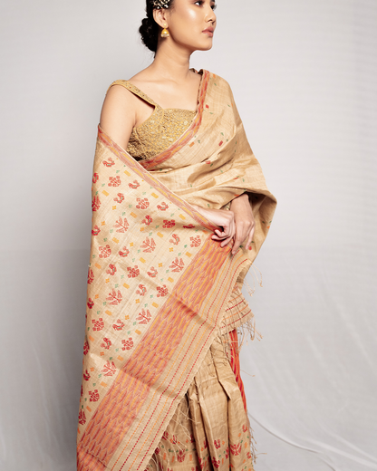 Adhvika Wheat Brown-Maroon Muga Silk Mekhela Sador