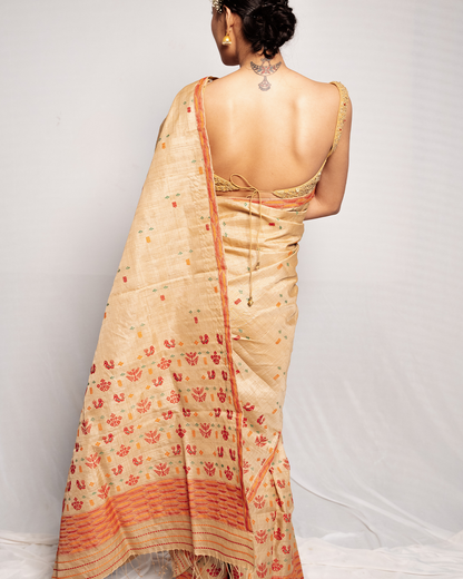 Adhvika Wheat Brown-Maroon Muga Silk Mekhela Sador