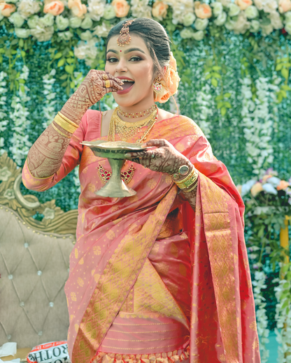 Lisa Reception Lush Pink Gold Paat Silk Mekhela Sador