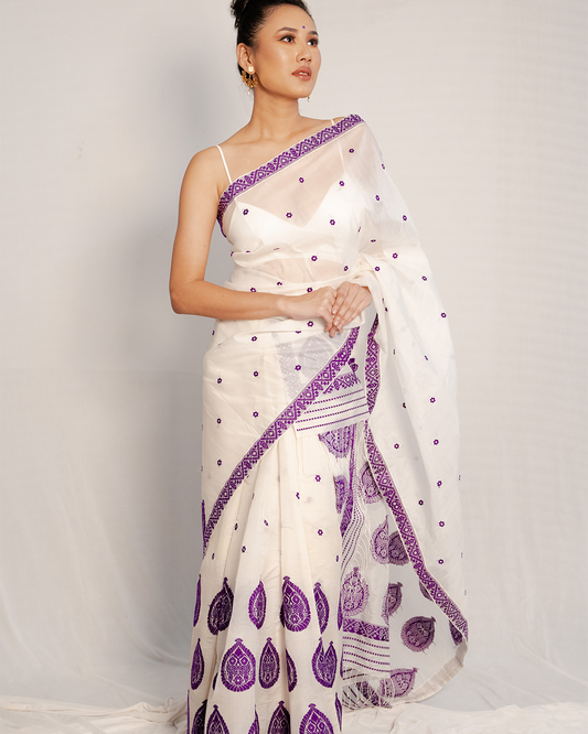 Niharika White-Purple Kesa Paat Silk Mekhela Sador