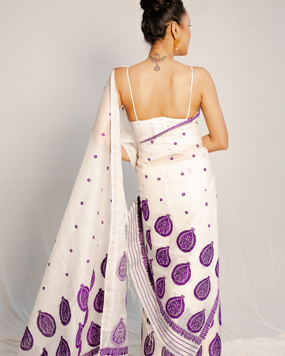 Niharika White-Purple Kesa Paat Silk Mekhela Sador
