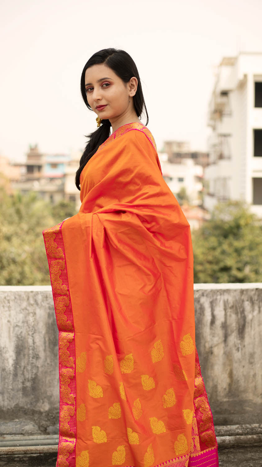 Zara Opal Orange Paat Silk Mekhela Sador –