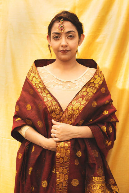 Ajooni Maroon Kesa Paat Silk Mekhela Sador