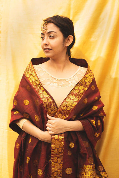 Ajooni Maroon Kesa Paat Silk Mekhela Sador