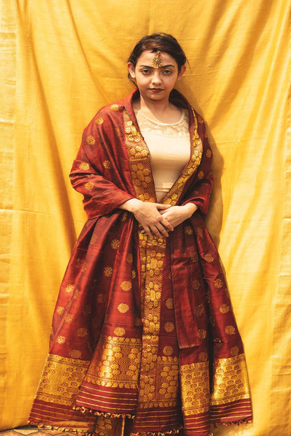 Ajooni Maroon Kesa Paat Silk Mekhela Sador