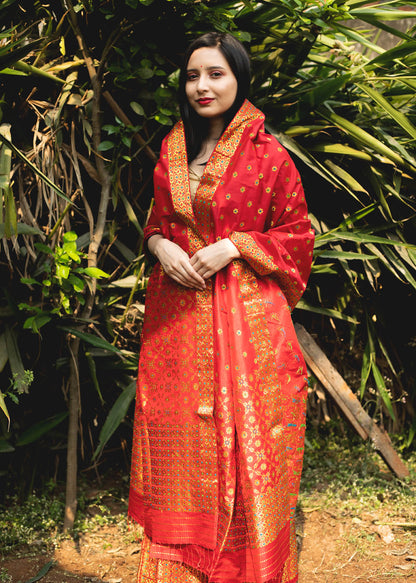 Swastika Gold-Red Paat Silk Mekhela Sador