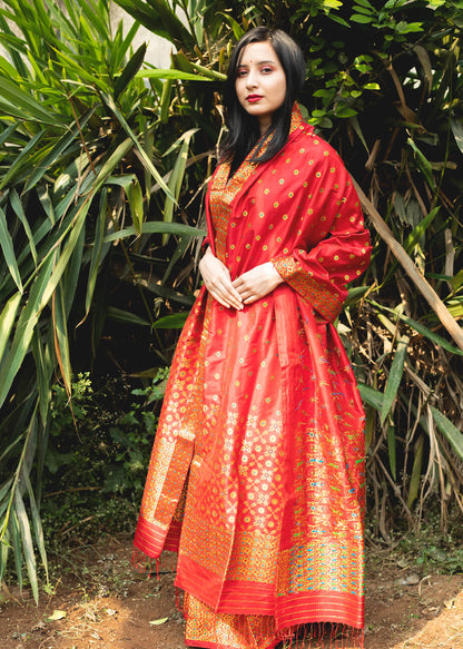 Swastika Gold-Red Paat Silk Mekhela Sador