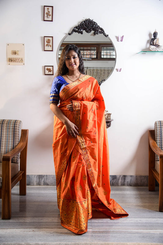 Narangi Orange Kesa Paat Silk Mekhela Sador
