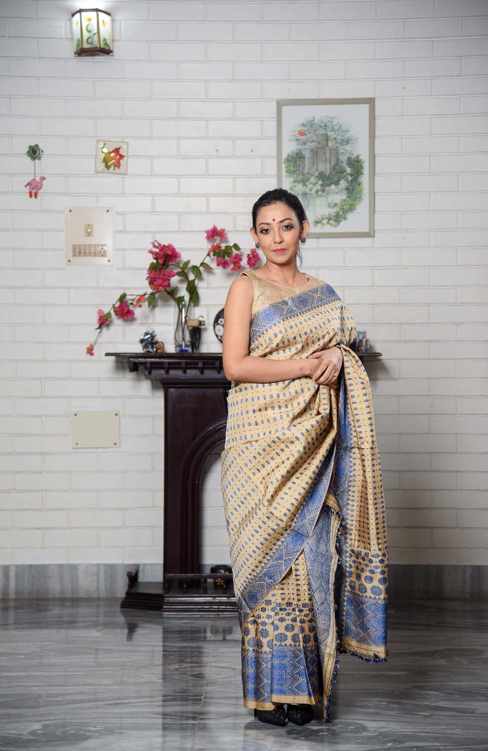 Kshitija Brown Blue Muga Silk Mekhela Sador Sereki.in