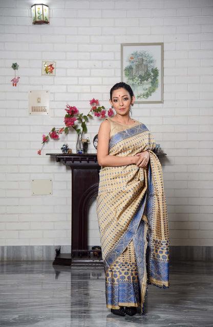 Kshitija Brown-Blue Muga Silk Mekhela Sador