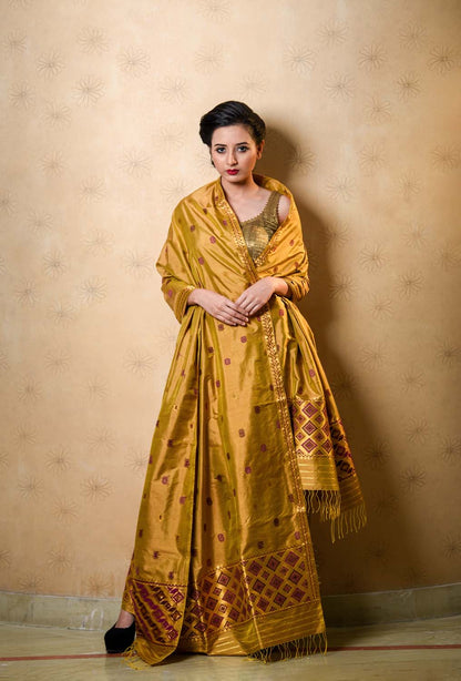 Abhushan Mustard Yellow Paat Silk Mekhela Sador